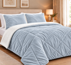 Set coperta trapuntata matrimoniale con 2 federe &amp;ndash; Flanella e agnellato, 200x230 cm azzurro