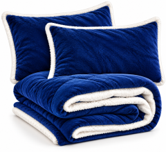 Set coperta trapuntata matrimoniale con 2 federe &amp;ndash; Flanella e agnellato, 200x230 cm blu
