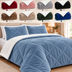 Set coperta trapuntata matrimoniale con 2 federe &amp;ndash; Flanella e agnellato, 200x230 cm blu