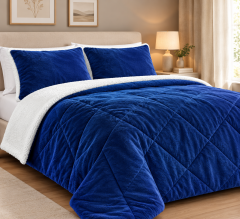Set coperta trapuntata matrimoniale con 2 federe &amp;ndash; Flanella e agnellato, 200x230 cm blu