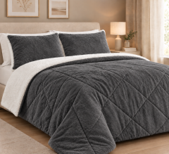 Set coperta trapuntata matrimoniale con 2 federe &amp;ndash; Flanella e agnellato, 200x230 cm grigio scuro