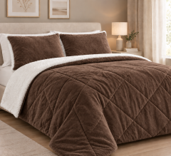 Set coperta trapuntata matrimoniale con 2 federe &amp;ndash; Flanella e agnellato, 200x230 cm marrone