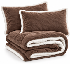 Set coperta trapuntata matrimoniale con 2 federe &amp;ndash; Flanella e agnellato, 200x230 cm marrone