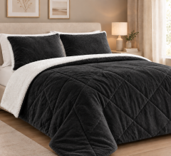 Set coperta trapuntata matrimoniale con 2 federe &amp;ndash; Flanella e agnellato, 200x230 cm nero