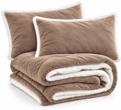 Set coperta trapuntata matrimoniale con 2 federe &amp;ndash; Flanella e agnellato, 200x230 cm nocciola