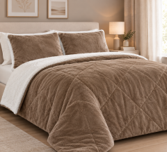 Set coperta trapuntata matrimoniale con 2 federe &amp;ndash; Flanella e agnellato, 200x230 cm nocciola