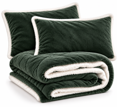 Set coperta trapuntata matrimoniale con 2 federe &amp;ndash; Flanella e agnellato, 200x230 cm verde